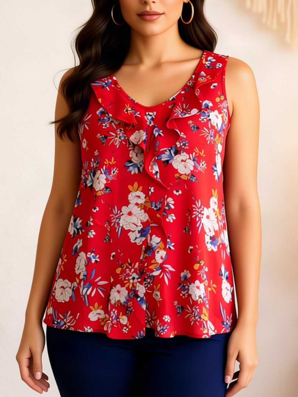 Pink Rose Red Floral Ruffle Front Sleeveless Top Blouse S Boho Chic Cottagecore